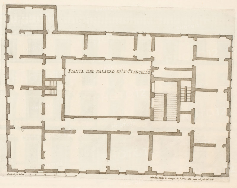 Pianta del Palazzo de sig.ri Lancellotti, Map of Palazzo Lancellotti, Roman palaces, Palazzi di Roma, Palazzi di Roma dei più celebri architett, print, album page, Print is part of an album., number: '87', print maker: Giovanni Battista Falda, Italy, after design by Carlo Maderno, Rome, after design by Domenichino, publisher: Giovanni Giacomo de' Rossi, grantor of privilege: Papal Court, Vatican City, dedicated by: Giovanni Giacomo de' Rossi, dedicated to: Antonio Barberini (I), in or after 1655, Giovanni Giacomo de' Rossi, Papal Court, Antonio Barberini (I), printmaker, after drawing by, after design by, publisher, grantor of privilege, paper, etching, height 278 mm x width 372 mm, This print is part of the series titled: Palazzi di Roma. This series consists of two books. Book one, titled: Palazzi di Roma dei più celebri architetti..., consists of 44 prints attributed to Giovanni Battista Falda (name appears only on print 27) and published by Giovanni Giacomo de'Rossi. These 44 print...