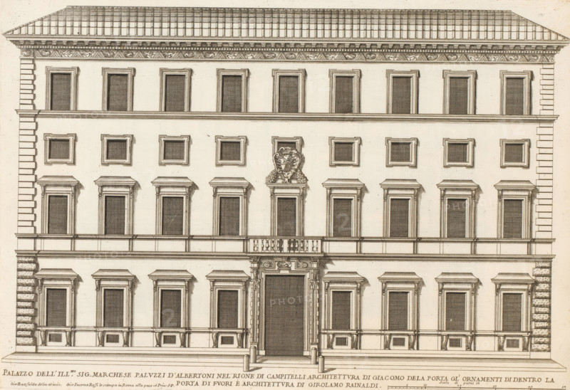 Façade of Palazzo Albertoni-Spinola, Palazzo dell' ill.mo sig. marchese Paluzzi d'Albertoni nel' Rione di Campitell, Palazzi di Roma dei più celebri architett, Palazzi di Roma, Roman palaces, print, album page, Print is part of an album., number: '88', inscription: 'Ende lib. No. 23. fol. 302., End lib. no. 21 fol. 414, End lib. no. 8. fol. 30.', printmaker: Giovanni Battista Falda, Italy, after drawing by Giovanni Battista Falda, after design by Giacomo della Porta, Rome, after design by Girolamo Rainaldi, publisher: Giovanni Giacomo de' Rossi, grantor of privilege: Papal Court, Vatican City, dedicated by: Giovanni Giacomo de' Rossi, dedicated to: Antonio Barberini (I), in or after 1655, Giovanni Battista Falda, Giacomo della Porta, Girolamo Rainaldi, Giovanni Giacomo de' Rossi, Antonio Barberini (I), printmaker, after drawing by, after design by, publisher, provider of privilege, paper, etching, height 300 mm x width 440 mm, This print is part of the series entitled: Palazzi di Roma....
