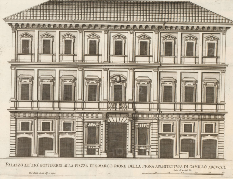Palazzo de sig.ri Gottifredi alla Piazza di S. Marco Rione della Pign, Façade of Palazzo Grazioli, Roman palaces, Palazzi di Roma dei più celebri architett, Palazzi di Roma, print, album page, Print is part of an album., number: '89', inscription: 'Ende lib. No. 23. fol. 211., End lib. No. 21 ...End lib. No. 8 fol. 14. n. 5. 1.', printmaker: Giovanni Battista Falda, Italy, after design by Camillo Arcucci, Rome, publisher: Giovanni Giacomo de' Rossi, grantor of privilege: Papal Court, Vatican City, dedicated by: Giovanni Giacomo de' Rossi, dedicated to: Antonio Barberini (I), in or after 1655, Giovanni Giacomo de' Rossi, Papal court, Antonio Barberini (I), printmaker, after drawing by, after design by, publisher, grantor of privilege, paper, etching, height 257 mm x width 345 mm, This print is part of the series entitled: Palazzi di Roma. This series consists of two books. Book one, titled: Palazzi di Roma dei più celebri architetti..., consists of 44 prints attributed to Giovanni Batti...