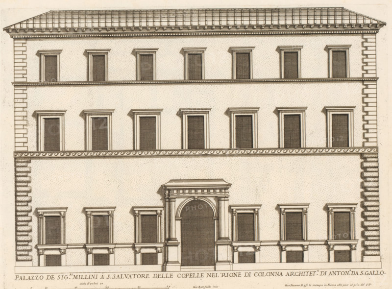 Façade of Palazzo Millini, Palazzo de sig.ri Millini a S. Salvatore delle Copelle nel Rione di Colonn, Palazzi di Roma, Roman palaces, Palazzi di Roma dei più celebri architett, print, album page, Print is part of an album., number: '91', inscription: 'Ende lib. No. 23. fol. 817., End lib. No. 21. fol. 232.lib. No. 14., End lib. No. 8. fol. 73. n. 4.', printmaker: Giovanni Battista Falda, Italy, after design by Antonio da Sangallo (II), Rome, publisher: Giovanni Giacomo de' Rossi, grantor of privilege: Papal Court, Vatican City, dedicated by: Giovanni Giacomo de' Rossi, dedicated to: Antonio Barberini (I), in or after 1655, Giovanni Giacomo de' Rossi, Papal court, Antonio Barberini (I), printmaker, after drawing by, after design by, publisher, grantor of privilege, paper, etching, height 303 mm x width 410 mm, This print is part of the series entitled: Palazzi di Roma. This series consists of two books. Book one, titled: Palazzi di Roma dei più celebri architetti..., consists of 44 pri...