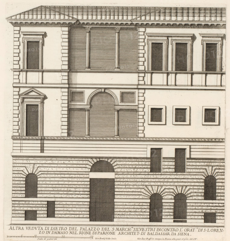 Rear facade of the palace of Marquis Silvestri, Altra veduta di dietro del palazzo del S. march.se Silvestr, Roman palaces, Palazzi di Roma dei più celebri architett, Palazzi di Roma, print, album page, Print is part of an album., number: '93', inscription: 'Ende lib. No. 23. fol. 262., Ende lib. No. 21. fol. 218.', printmaker: Giovanni Battista Falda, Italy, after design by Balthasar de Siena, Rome, publisher: Giovanni Giacomo de' Rossi, grantor of privilege: Papal Court, Vatican City, dedicated by: Giovanni Giacomo de' Rossi, dedicated to: Antonio Barberini (I), in or after 1655, Giovanni Giacomo de' Rossi, Papal court, Antonio Barberini (I), printmaker, after drawing by, after design by, publisher, grantor of privilege, paper, etching, height 310 mm x width 288 mm, This print is part of the series entitled: Palazzi di Roma. This series consists of two books. Book one, titled: Palazzi di Roma dei più celebri architetti..., consists of 44 prints attributed to Giovanni Battista Falda (...