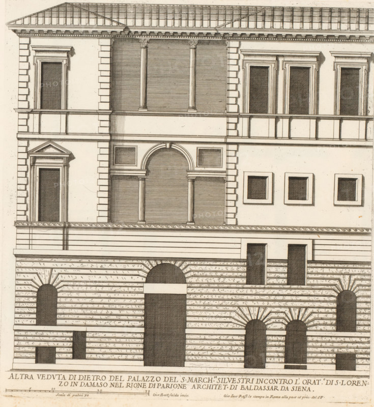 Rear facade of the palace of Marquis Silvestri, Altra veduta di dietro del palazzo del S. march.se Silvestr, Roman palaces, Palazzi di Roma dei più celebri architett, Palazzi di Roma, print, album page, Print is part of an album., number: '94', printmaker: Giovanni Battista Falda, Italy, after design by Balthasar de Siena, Rome, publisher: Giovanni Giacomo de' Rossi, grantor of privilege: Papal Court, Vatican City, dedicated by: Giovanni Giacomo de' Rossi, dedicated to: Antonio Barberini (I), in or after 1655, Giovanni Giacomo de' Rossi, Papal Court, Antonio Barberini (I), printmaker, after drawing by, after design by, publisher, grantor of privilege, paper, etching, height 310 mm x width 288 mm, This print is part of the series titled: Palazzi di Roma. This series consists of two books. Book one, titled: Palazzi di Roma dei più celebri architetti..., consists of 44 prints attributed to Giovanni Battista Falda (name appears only on print 27) and published by Giovanni Giacomo de'Rossi. ...