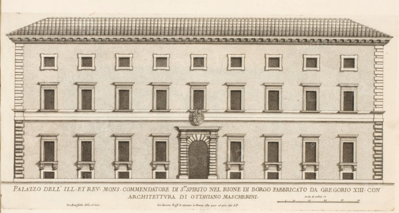 Façade of the Palace of the Commendatore of the Church of Santo Spirito, Palazzo dell' ill. et rev. mons. commendatore di S.to Spirito nel Rione di Borg, Palazzi di Roma, Palazzi di Roma dei più celebri architett, Roman palaces, print, album page, Print is part of an album., inscription: 'Ende lib. No. 23. fol. 807., End lib. No. 21. fol. 41...', number: '97', printmaker: Giovanni Battista Falda, Italy, after drawing by Giovanni Battista Falda, after design by Ottaviano Mascherino, Rome, publisher: Giovanni Giacomo de' Rossi, grantor of privilege: Papal Court, Vatican City, dedicated by: Giovanni Giacomo de' Rossi, dedicated to: Antonio Barberini (I), in or after 1655, Giovanni Battista Falda, Ottaviano Mascherino, Giovanni Giacomo de' Rossi, Antonio Barberini (I), printmaker, after drawing by, after design by, publisher, paper, etching, height 202 mm x width 412 mm, This print is part of the series entitled: Palazzi di Roma. This series consists of two books. Book one, titled: Palazzi...
