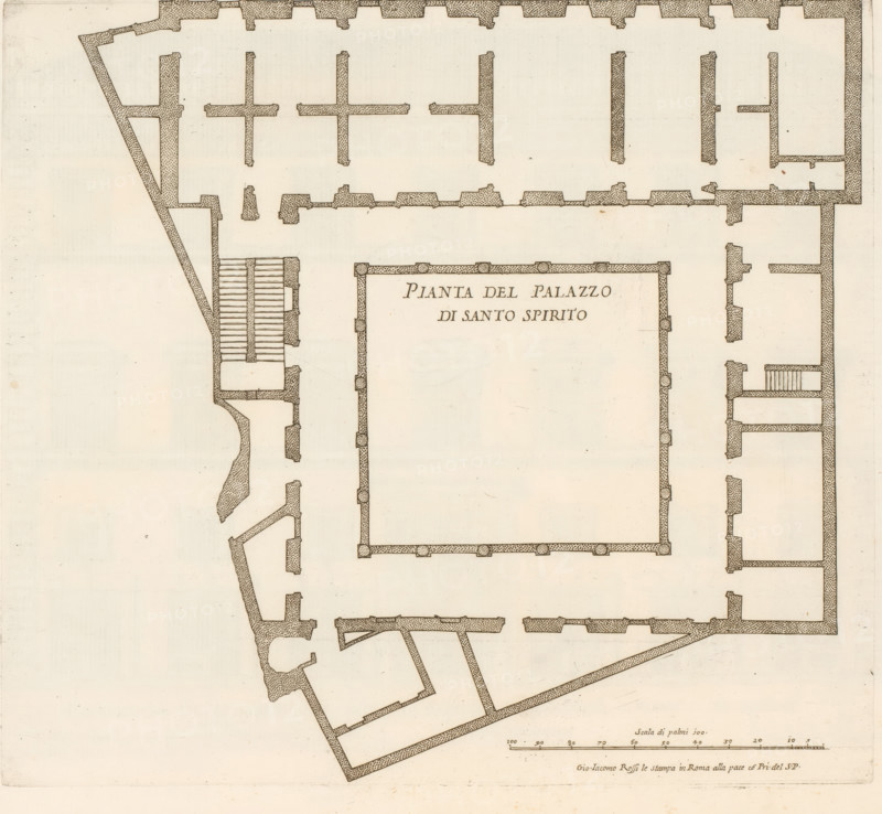 Map of the palace of the commendatore of the church of Santo Spirito, Pianta del Palazzo di Santo Spirito, Roman palaces, Palazzi di Roma dei più celebri architett, Palazzi di Roma, print, album page, Print is part of an album., number: '99', print maker: Giovanni Battista Falda, Italy, after design by Ottaviano Mascherino, Rome, publisher: Giovanni Giacomo de' Rossi, grantor of privilege: Papal Court, Vatican City, dedicated by: Giovanni Giacomo de' Rossi, dedicated to: Antonio Barberini (I), in or after 1655, Giovanni Giacomo de' Rossi, Papal Court, Antonio Barberini (I), printmaker, after drawing by, after design by, publisher, grantor of privilege, paper, etching, height 291 mm x width 323 mm, This print is part of the series titled: Palazzi di Roma. This series consists of two books. Book one, titled: Palazzi di Roma dei più celebri architetti..., consists of 44 prints attributed to Giovanni Battista Falda (name appears only on print 27) and published by Giovanni Giacomo de'Rossi....