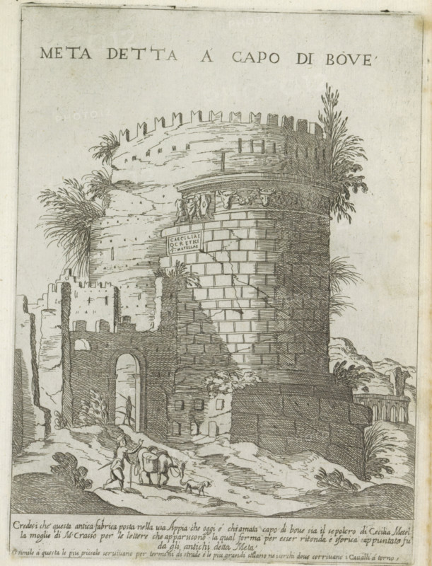 Tomb of Caecilia Metella in Rome, Meta detta a capo di bove, Ornamenti di fabriche antichi et moderni dell' alma citta di Roma, Modern and ancient monuments and buildings in Rome, print, album page, Text in Italian below the image., number: '54', printmaker: Giovanni Maggi, Rome, after drawing by Giovanni Maggi, publisher: Andrea Vaccari, Italy, grantor of privilege: Papal Court, Vatican City, dedicated by: Andrea Vaccari, dedicated to: Amerigo Capponi, 1576 - 1618, 1600, Giovanni Maggi, Andrea Vaccari, Papal Court, Amerigo Capponi, printmaker, after drawing by, publisher, grantor of privilege, paper, etching, height 216 mm x width 157 mm, This print is part of a series of 20 prints (title print)., ruin of a building, architecture, grave, tomb, Tomb of Caecilia Metella, A tall stone tower with a rounded top and crenellated parapet dominates the scene, its surface shown with horizontal and vertical linework suggesting large masonry blocks and some cracks; vegetation grows from various c...