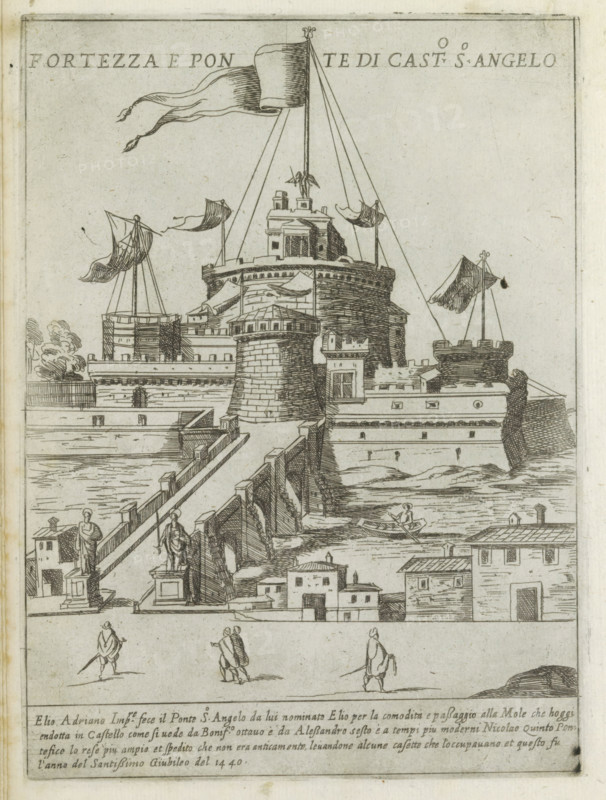Castle of Angel and Bridge of Angels in Rome, Fortezza e Ponte di Cast.o So Angelo, Modern and ancient monuments and buildings in Rome, Ornamenti di fabriche antichi et moderni dell' alma citta di Roma, print, album page, Text in Italian below the scene., number: '55', printmaker: Giovanni Maggi, Rome, after drawing by Giovanni Maggi, publisher: Andrea Vaccari, Italy, grantor of privilege: Papal Court, Vatican City, dedicated by: Andrea Vaccari, dedicated to: Amerigo Capponi, 1576 - 1618, 1600, Giovanni Maggi, Andrea Vaccari, Papal Court, Amerigo Capponi, printmaker, after drawing by, publisher, grantor of privilege, paper, etching, height 216 mm x width 157 mm, This print is part of a series of 20 prints (title print)., river, city-view, and landscape with man-made constructions, bridge in city across river, canal, fortress, Castel Sant'Angelo, Angel Bridge, A detailed ink drawing of a riverside fortress with high round towers and crenellated walls, linked to the shore by a long stone...
