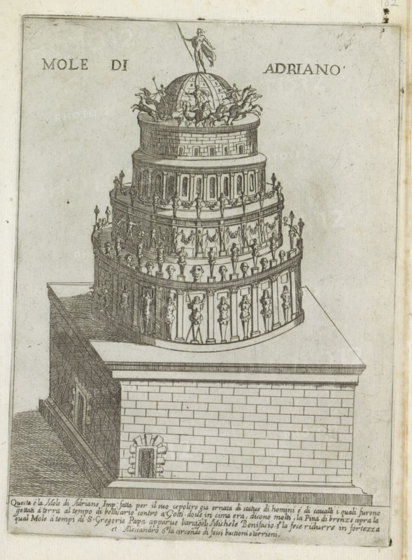 Mole di Adriano, Mausoleum of Hadrian, Modern and ancient monuments and buildings in Rome, Ornamenti di fabriche antichi et moderni dell' alma citta di Roma, print, album page, A reconstruction of the Mausoleum of Hadrian, the later Castel Sant'Angelo in Rome. Text in Italian below the image., number: '55', printmaker: Giovanni Maggi, Rome, publisher: Andrea Vaccari, Italy, grantor of privilege: Papal Court, Vatican City, dedicated to: Amerigo Capponi, 1576 - 1618, 1600, paper, etching, height 216 mm x width 159 mm, This print is part of a series of 20 prints (title print)., mausoleum, Castel Sant'Angelo, A detailed ink drawing of a multi-tiered cylindrical tower sitting on a rectangular stone base, with stacked rounded levels decorated with rows of small sculpted figures and columns; the top tier is crowned by a domed structure surrounded by figures and chariot-like forms, and a lone standing statue with a pole atop the dome; railings and balustrades line the upper terraces where nume...