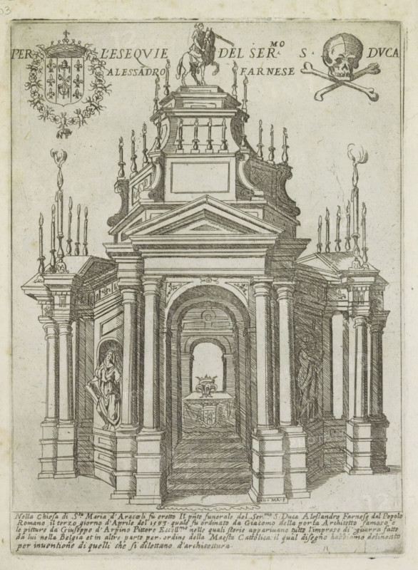 Per l'esequie del ser.mo S. duca Alessadro Farnese, Tomb monument of Alessandro Farnese in the Santa Maria in Aracoeli in Rome, Ornamenti di fabriche antichi et moderni dell' alma citta di Roma, Modern and ancient monuments and buildings in Rome, print, album page, Text in Italian below the image., number: '56', printmaker: Giovanni Maggi, Rome, publisher: Andrea Vaccari, Italy, grantor of privilege: Papal Court, Vatican City, dedicated to: Amerigo Capponi, 1576 - 1618, 1600, paper, etching, height 216 mm x width 157 mm, This print is part of a series of 20 prints (title print)., Person, Alessandro Farnese (Governor of the Netherlands and Duke of Parma and Piacenza), grave, tomb, Santa Maria in Aracoeli, A detailed architectural engraving of a classical monument with a central arched entrance flanked by paired columns and pilasters, a stepped staircase leading up to an altar-like structure visible through the arch, statues in niches on either side, ornate balustrades and pediments abov...