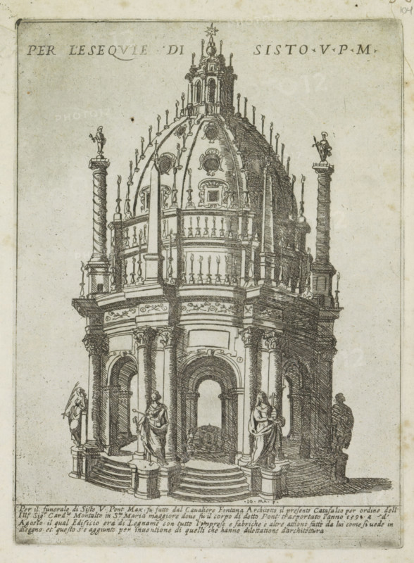 Sepulchral monument for Pope Sixtus V, Per l'esequie di Sisto V PM, Modern and ancient monuments and buildings in Rome, Ornamenti di fabriche antichi et moderni dell' alma citta di Roma, print, album page, Text in Italian below the scene., number: '56', printmaker: Giovanni Maggi, Rome, publisher: Andrea Vaccari, Italy, grantor of privilege: Papal Court, Vatican City, dedicated to: Amerigo Capponi, 1576 - 1618, 1600, paper, etching, height 216 mm x width 157 mm, This print is part of a series of 20 prints (title print)., Person, Sixtus V, grave, tomb, Santa Maria Maggiore (Rome), A detailed black and white architectural engraving shows the upper portion of an ornate domed structure with a circular base, arched openings, columns, balustrades, and decorative moldings. The dome is topped by a small lantern with vertical openings and a star ornament, and the dome surface is segmented with ornamental medallions and finials. Flanking the dome are tall twisted columns with statues on their ca...