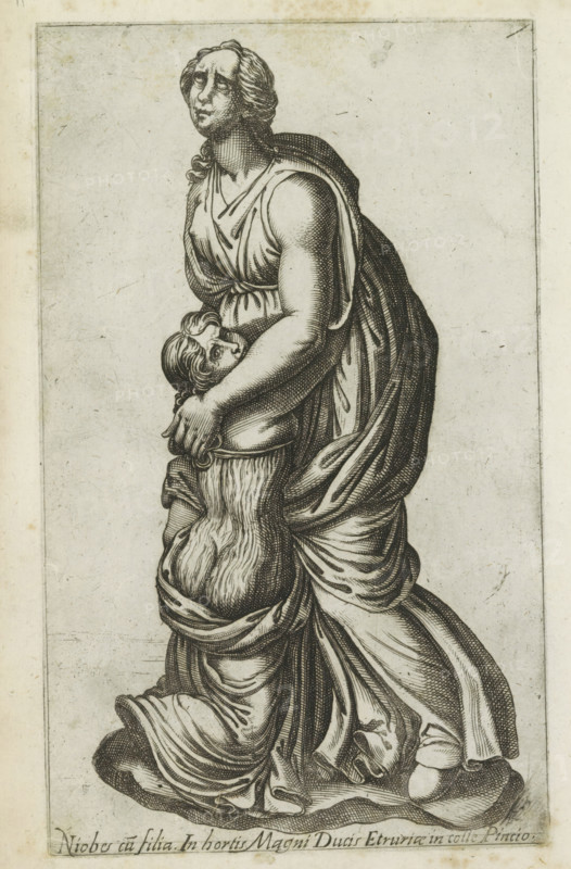 Sculpture of Niobe with her daughter, Niobes cu filia in hortis magni ducis, Ancient sculptures in Rome, Antiquarum statuarum urbis Romae quae in publicis locis visuntur icones, print, album page, Caption in Latin. Print is part of an album., number: '10', printmaker, publisher, Rome, Italy, paper, engraving, height 222 mm x width 134 mm, This print is part of a set of 79 prints (title print) depicting ancient sculptures in Rome., piece of sculpture, reproduction of a piece of sculpture, (story of) Niobe, A vertical black and white engraving shows a standing woman in flowing draped clothing holding a smaller figure close to her front. The woman has long wavy hair, a solemn facial expression, and a classical robe gathered at the waist and falling in deep folds. Her arms encircle the smaller figure, whose face is turned upward and whose hair is shorter and curly. Both figures are depicted with detailed crosshatching and strong line shading. The background is plain with a faint rectangula...