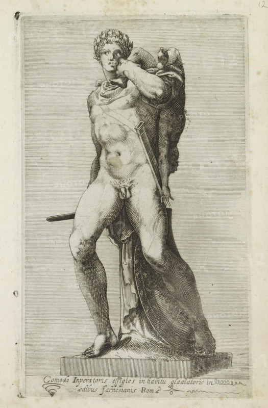Comodo inperatoris effigies in habitu glariatoris, Sculpture of Emperor Commodus as a gladiator, Ancient sculptures in Rome, Antiquarum statuarum urbis Romae quae in publicis locis visuntur icones, print, album page, Caption in Latin. Print is part of an album., number: '10', printmaker, publisher, Rome, Italy, paper, engraving, height 222 mm x width 134 mm, This print is part of a set of 79 prints (title print) depicting ancient sculptures in Rome., Person, Commodus (Emperor of the Roman Empire), piece of sculpture, reproduction of a piece of sculpture, ruler, sovereign, A monochrome engraved image of a classical male statue on a rectangular plinth, shown standing in contrapposto with one leg stepped forward and the other slightly back, the figure is nude and muscular with a turned head and curly hair, a cloak draped over one shoulder and wrapped behind the back, an arm raised to the neck and the other resting by the side, a short sword or dagger sheathed at the hip, a long rectangula...