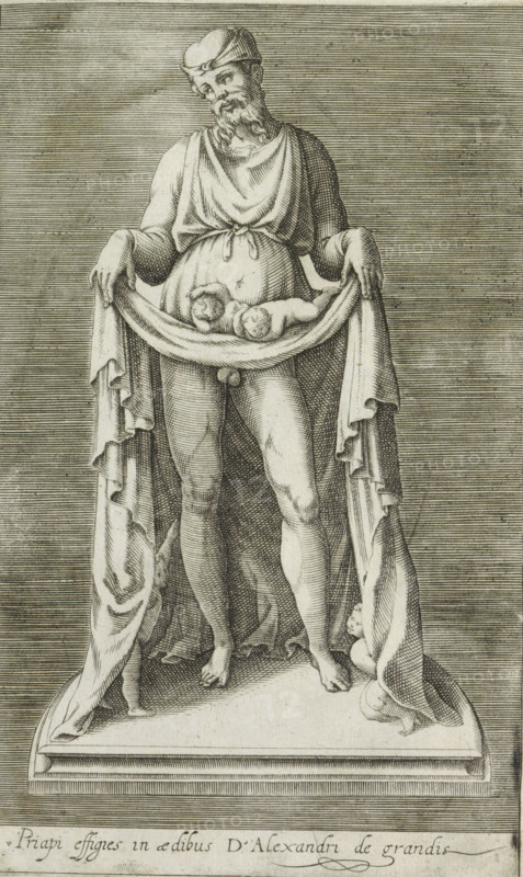 Sculpture of Priapus, Priapi effigies in aedibus d'Alexandri de grandis, Ancient sculptures in Rome, Antiquarum statuarum urbis Romae quae in publicis locis visuntur icones, print, album page, Caption in Latin. Print is part of an album., number: '11', printmaker, publisher, Rome, Italy, paper, engraving, height 220 mm x width 134 mm, This print is part of a set of 79 prints (title print) depicting ancient sculptures in Rome., piece of sculpture, reproduction of a piece of sculpture, (story of) Priapus, An engraved depiction of a bearded male figure wearing a cap and a draped garment tied at the waist, standing on a rectangular base and holding the edges of a long drapery that hangs down on both sides, the drapery forming a horizontal fold in front of the torso in which two infant figures lie, the standing figure shown nude below the waist with one leg slightly forward, the drapery showing detailed folds and texture, the base rendered with linear shading and the background filled with ...