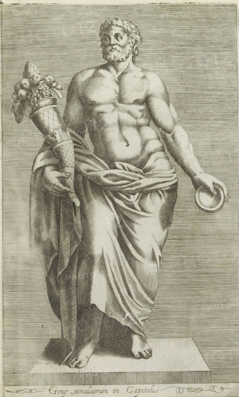 Sculpture of a man with a horn of plenty, Geny simulacrum in Capitoli, Antiquarum statuarum urbis Romae quae in publicis locis visuntur icones, Ancient sculptures in Rome, print, album page, Caption in Latin. Print is part of an album., number: '12', printmaker, publisher, Rome, Italy, paper, engraving, height 220 mm x width 134 mm, This print is part of a set of 79 prints (title print) depicting ancient sculptures in Rome., piece of sculpture, reproduction of a piece of sculpture, man (showing himself) undressed, quasi-nude, A grayscale engraved image of a classical male statue standing on a rectangular plinth, depicted with a muscular, partially draped torso and a beard with wavy hair. The figure holds a cone-shaped object topped with clusters of round fruits in one hand and a shallow dish in the other hand. Drapery wraps around the figure’s waist and falls in folds down to the feet, which rest flat on the base. Fine parallel engraved lines fill the background and shading on the body...