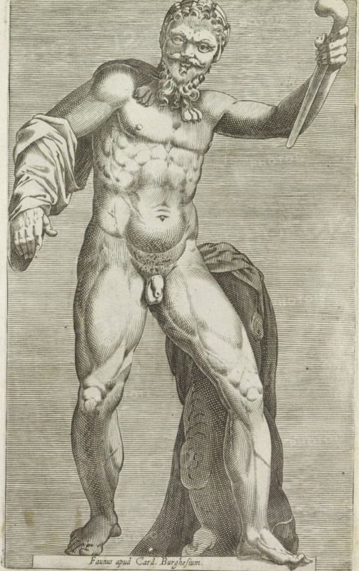 Sculpture of a Faun, Faunus apud Card. Burghesium, Antiquarum statuarum urbis Romae quae in publicis locis visuntur icones, Ancient sculptures in Rome, print, album page, Latin caption. Print is part of an album., number: '12', printmaker, publisher, Rome, Italy, paper, engraving, height 220 mm x width 134 mm, This print is part of a set of 79 prints (title print) depicting ancient sculptures in Rome. This print is part of a set of 79 prints (title print) depicting ancient sculptures in Rome., piece of sculpture, reproduction of a piece of sculpture, satyrs, fauns, Sileni, A detailed engraved depiction of a bearded, muscular nude male figure standing with one arm raised holding a staff and the other arm bent outward with a draped cloth over the shoulder; the figure has curly hair and a braided beard, visible abdominal and leg musculature, and anatomical shading lines; a cloak or drapery hangs behind one leg and the feet rest on a rectangular base; the background is filled with fine hor...