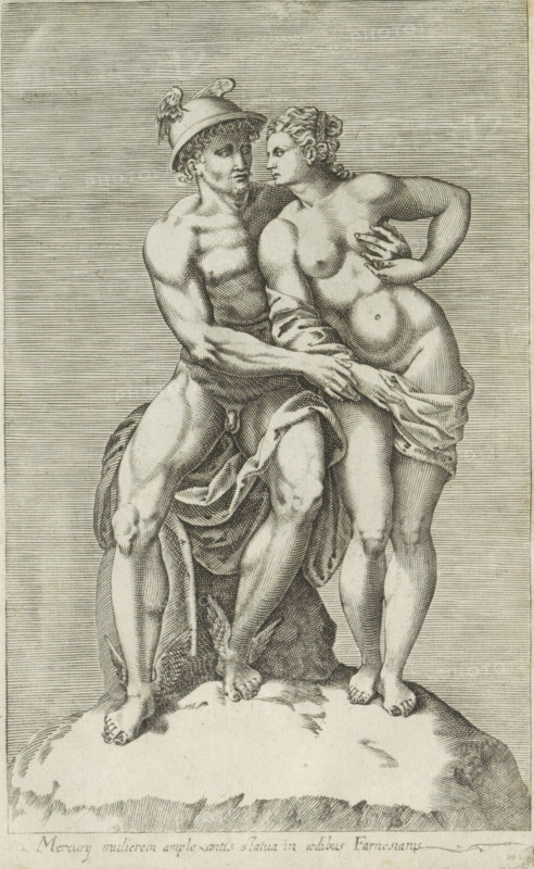 Sculpture group with Mercury and a goddess, Mercury mulierem amplexantis statua in aedibus Farnesianis, Antiquarum statuarum urbis Romae quae in publicis locis visuntur icones, Ancient sculptures in Rome, print, album page, Caption in Latin. Print is part of an album., number: '13', printmaker, publisher, Rome, Italy, paper, engraving, height 222 mm x width 134 mm, This print is part of a set of 79 prints (title print) depicting ancient sculptures in Rome., piece of sculpture, reproduction of a piece of sculpture, (story of) Mercury (Hermes), A detailed black and white engraving shows two partially draped figures standing close together on a rocky base against a background of horizontal lines; the figure on the left wears a winged helmet and a cloth draped around the waist, displaying a muscular torso and leaning slightly toward the other figure while one arm wraps around their waist and the other rests on the other's thigh; the figure on the right is nude from the waist up with a clot...