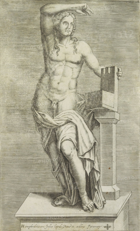 Image of a male nude, presumably Apollo Lyceus, Sculpture of Hermaphroditus (former title), Hermaphroditus ex indice lapide Romae in aedibus Farnesiany, Antiquarum statuarum urbis Romae quae in publicis locis visuntur icones, Ancient sculptures in Rome, print, album page, Image of a male nude with an arm above the head. In the inscription, this figure is interpreted as Hermaphroditus, but the figure strongly resembles the Apollo Lyceus type. Print is part of an album., number: '14', printmaker, publisher, Rome, Italy, paper, engraving, height 222 mm x width 135 mm, This print is part of a set of 79 prints (title print) depicting ancient sculptures in Rome., piece of sculpture, reproduction of a piece of sculpture, (story of) Apollo (Phoebus), (story of) Hermaphroditus, A detailed engraving of a classical marble statue shows a partially draped, muscular figure seated on a plinth with one leg crossed over the other and one arm raised above the head, the other hand resting on the back of ...