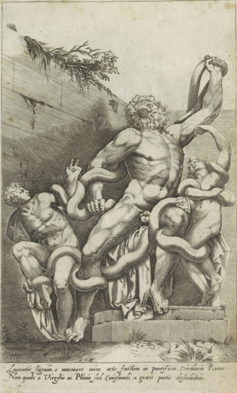Laocoön group, Lacoontis signum e marmore mira arte factum, Ancient sculptures in Rome, Antiquarum statuarum urbis Romae quae in publicis locis visuntur icones, print, album page, Marble sculpture group of Laocoön and his sons being attacked by two snakes. The sculpture group is depicted in mirror image. Caption in Latin. Print is part of an album., number: '1', printmaker: Giovanni Battista de' Cavalieri, Italy, publisher: Andrea Vaccari, Rome, 1584, Giovanni Battista de' Cavalieri, Andrea Vaccari, publisher, paper, engraving, height 222 mm x width 137 mm, This print is part of a set of 79 prints (title print) depicting ancient sculptures in Rome., piece of sculpture, reproduction of a piece of sculpture, Laocoon and his twin sons are strangled by two serpents during the preparations for a sacrifice, A monochrome engraving shows a muscular bearded man seated on steps with his torso turned and one arm raised, his other arm gripping a large serpent that coils around his body and limbs; ...