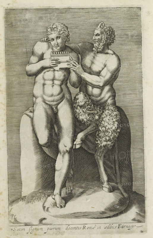 Satiri signum puerum docentis Romae in aedibus Farnesy, Sculpture group with Pan teaching Daphnis to play the flute, Antiquarum statuarum urbis Romae quae in publicis locis visuntur icones, Ancient sculptures in Rome, print, album page, Caption in Latin. Print is part of an album., number: '15', printmaker, publisher, Rome, Italy, paper, engraving, height 225 mm x width 137 mm, This print is part of a set of 79 prints (title print) depicting ancient sculptures in Rome., piece of sculpture, reproduction of a piece of sculpture, homosexual love, Pan teaching Daphnis to play the pipe, A detailed black and white engraving shows two partially nude male figures standing closely together. The figure on the left is youthful with curly hair and a muscular torso, holding a small rectangular object with parallel ridges at its top while looking slightly downward. The figure on the right has a mature bearded face, curly hair, and the lower body of a goat with shaggy fur and cloven hooves; one of hi...