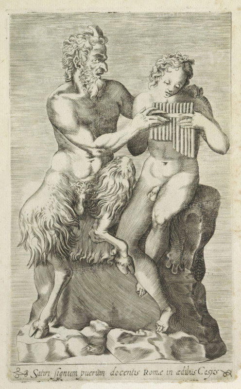 Sculpture group with Pan teaching Daphnis to play the flute, Satiri signum puerum docentis Romae in aedibus Cesys, Ancient sculptures in Rome, Antiquarum statuarum urbis Romae quae in publicis locis visuntur icones, print, album page, Caption in Latin. Print is part of an album., number: '15', printmaker, publisher, Rome, Italy, paper, engraving, height 225 mm x width 135 mm, This print is part of a set of 79 prints (title print) depicting ancient sculptures in Rome., piece of sculpture, reproduction of a piece of sculpture, homosexual love, Pan teaching Daphnis to play the pipe, A detailed engraving shows two partially nude figures seated on a rocky outcrop; one figure has a muscular human torso with a bearded face and curled hair, horns on the head, and the lower body of a goat with fur and cloven hooves, while the other figure is a youthful, softer-bodied person with curly hair holding a set of panpipes; the horned figure reaches toward the panpipes with a guiding hand, and the goat...