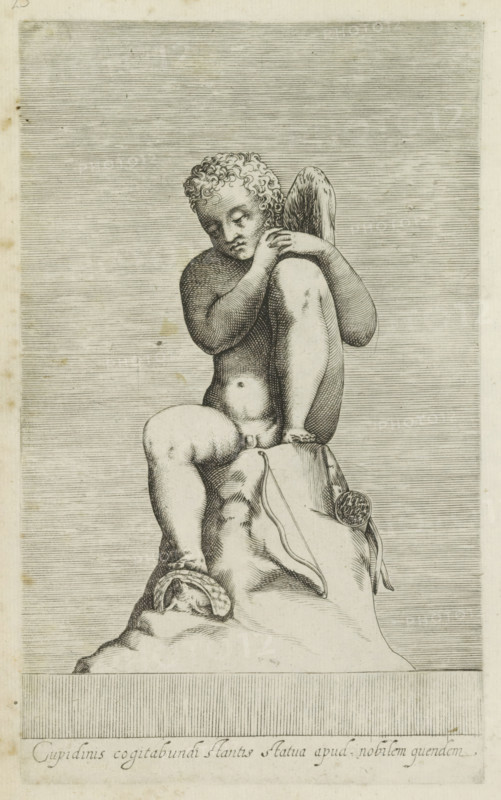 Cupidinis cogitabundi stantis statua apud nobilem quendem, Sculpture of Cupid, Ancient sculptures in Rome, Antiquarum statuarum urbis Romae quae in publicis locis visuntur icones, print, album page, Caption in Latin. Print is part of an album., number: '16', printmaker, publisher, Rome, Italy, paper, engraving, height 222 mm x width 135 mm, This print is part of a set of 79 prints (title print) depicting ancient sculptures in Rome., piece of sculpture, reproduction of a piece of sculpture, (story of) Cupid, Amor (Eros), A monochrome engraving shows a seated childlike figure with curly hair and a small wing on one shoulder, resting one arm across a raised knee while the other hand touches the shoulder; the figure sits on a draped rock or cloth with a bow and a round quiver-like object lying beside the drapery, and a shoe or sandal rests near the base; the background is filled with closely spaced horizontal lines and a bordered lower panel with fine vertical hatching.