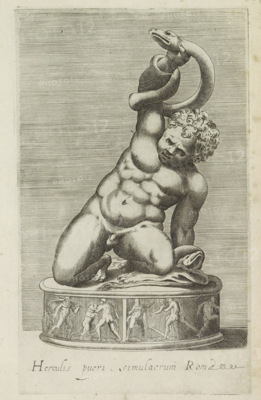 Sculpture of the young Hercules fighting a snake, Herculis pueri simulacrum Romae, Antiquarum statuarum urbis Romae quae in publicis locis visuntur icones, Ancient sculptures in Rome, print, album page, Caption in Latin. Print is part of an album., number: '16', printmaker, publisher, Rome, Italy, paper, engraving, height 222 mm x width 135 mm, This print is part of a set of 79 prints (title print) depicting ancient sculptures in Rome., piece of sculpture, reproduction of a piece of sculpture, early life, prime youth of Hercules, A monochrome engraved image of a muscular kneeling boy with curly hair, positioned on a round decorated base; the boy is shown nude and leaning to one side with one arm raised above his head as a large coiled serpent wraps around his raised arm and shoulder, the serpent's head visible near the top of the image and another portion of its body resting on the base; the boy's facial features are rendered with shading and crosshatching, and his torso shows detailed...