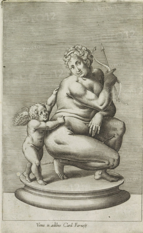 Venus in aedibus Card. Farnesii, Sculpture of Venus and Cupid, Antiquarum statuarum urbis Romae quae in publicis locis visuntur icones, Ancient sculptures in Rome, print, album page, Latin caption. Print is part of an album., number: '17', printmaker, publisher, Rome, Italy, paper, engraving, height 222 mm x width 134 mm, This print is part of a set of 79 prints (title print) depicting ancient sculptures in Rome., piece of sculpture, reproduction of a piece of sculpture, Venus and Cupid (Cupid not being mere attribute), A finely detailed engraving shows a seated adult figure with curly hair turned toward the viewer while holding a curved object with several prongs; the figure is partially nude with musculature and soft shading emphasized, one arm resting across the body and one hand gripping the object. A small winged child stands beside the adult, leaning and reaching to touch the adult's torso, with curly hair and delicate feathered wings visible. Both figures are positioned on a rou...