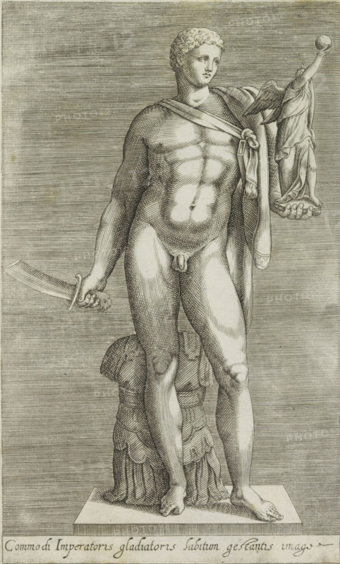 Commodi imperatoris gladiatoris sabitum gestantis imago, Sculpture of Emperor Commodus, Antiquarum statuarum urbis Romae quae in publicis locis visuntur icones, Ancient sculptures in Rome, print, album page, Caption in Latin. Print is part of an album., number: '18', printmaker, publisher, Rome, Italy, paper, engraving, height 222 mm x width 135 mm, This print is part of a set of 79 prints (title print) depicting ancient sculptures in Rome., Person, Commodus (Emperor of the Roman Empire), piece of sculpture, reproduction of a piece of sculpture, portrait of emperor Commodus, A grayscale engraving of a classical nude male statue standing on a rectangular plinth, shown in a frontal three-quarter view; the figure has short curly hair and a calm facial expression, a cloth draped over one shoulder and across the chest, a muscular torso and defined abdomen, and the left arm raised and holding a small draped female figure in the palm while the right hand holds a curved sword; the legs are sli...