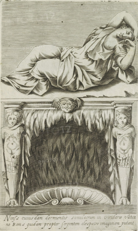 Sleeping Cleopatra (former title), Ninfae cuiusdam dormentis simulacrum in viridario Vaticano Romae quidam propter serpentem Cleopatre imaginem putant, Sculpture of the sleeping Ariadne above a fireplace, Ancient sculptures in Rome, Antiquarum statuarum urbis Romae quae in publicis locis visuntur icones, print, album page, Latin caption. Print is part of an album., number: '19', printmaker, publisher, Rome, Italy, paper, engraving, height 222 mm x width 134 mm, After a statue in the Vatican Museums in Vatican City. This print is part of a set of 79 prints (title print) depicting ancient sculptures in Rome., piece of sculpture, reproduction of a piece of sculpture, (story of) Ariadne, A reclining draped female figure occupies the upper portion of the image, shown in a relaxed pose with one arm bent behind her head and the other hand resting near her face; the drapery folds and contours of her body are rendered with fine parallel lines and shading. Below her is an ornate architectural pa...