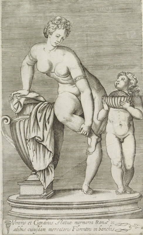 Sculpture of Venus and Amor, Veneris et Cupidinis statua marmorea Romae in aedibus cuiusdam mercatoris Florentini in banchis, Antiquarum statuarum urbis Romae quae in publicis locis visuntur icones, Ancient sculptures in Rome, print, album page, Caption in Latin. Print is part of an album., number: '19', printmaker, publisher, Rome, Italy, paper, engraving, height 221 mm x width 132 mm, This print is part of a set of 79 prints (title print) with representations of ancient sculptures in Rome., piece of sculpture, reproduction of a piece of sculpture, Venus and Cupid (Cupid not being mere attribute), toilet of Venus, bath of Venus, A classical-style engraving shows a nude female figure leaning on a large ornate vase draped with fabric, one arm resting on the vase while the opposite hand grasps her raised leg; her hair is short and curly and she looks downward. Beside her stands a nude child with curly hair holding a shallow bowl with both hands and looking up toward the woman. The figure...