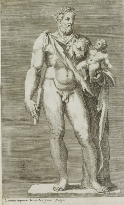 Commodus imperator in viridario summi pontificus, Sculpture of Emperor Commodus as Hercules, Antiquarum statuarum urbis Romae quae in publicis locis visuntur icones, Ancient sculptures in Rome, print, album page, Caption in Latin. Print is part of an album., number: '21', printmaker, publisher, Rome, Italy, paper, engraving, height 221 mm x width 134 mm, This print is part of a set of 79 prints (title print) depicting ancient sculptures in Rome., Person, Commodus (emperor of the Roman Empire), piece of sculpture, reproduction of a piece of sculpture, (story of) Hercules (Heracles), portrait of emperor Commodus, A monochrome engraved image of a standing male statue on a rectangular plinth, depicted nude with a cloak draped over one shoulder and wrapped around part of the body; the figure has a bearded face with wavy hair and wears a laurel wreath, one arm holds a cylindrical object while the other supports a small child seated on the forearm; a lion's head pelt drapes across the chest a...
