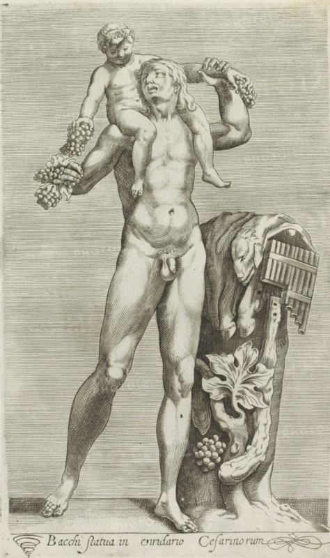 Bacchi statua in viridario Cesarinorum, Sculpture of Silenus with the young Bacchus on his shoulders, Ancient sculptures in Rome, Antiquarum statuarum urbis Romae quae in publicis locis visuntur icones, print, album page, Caption in Latin. Print is part of an album., number: '21', printmaker, publisher, Rome, Italy, paper, engraving, height 221 mm x width 134 mm, This print is part of a set of 79 prints (title print) depicting ancient sculptures in Rome., piece of sculpture, reproduction of a piece of sculpture, Bacchus brought up by satyrs, maenads and Silenus, A monochrome engraving shows a nude standing male figure with a child seated on his shoulders; the adult's head tilts slightly back with a relaxed facial expression and long wavy hair, while the child wears a garland and holds clusters of grapes in each hand. The adult supports the child with one arm while the child's legs drape over the adult's chest; the adult's other arm rests near a draped cloth and a carved support beside ...