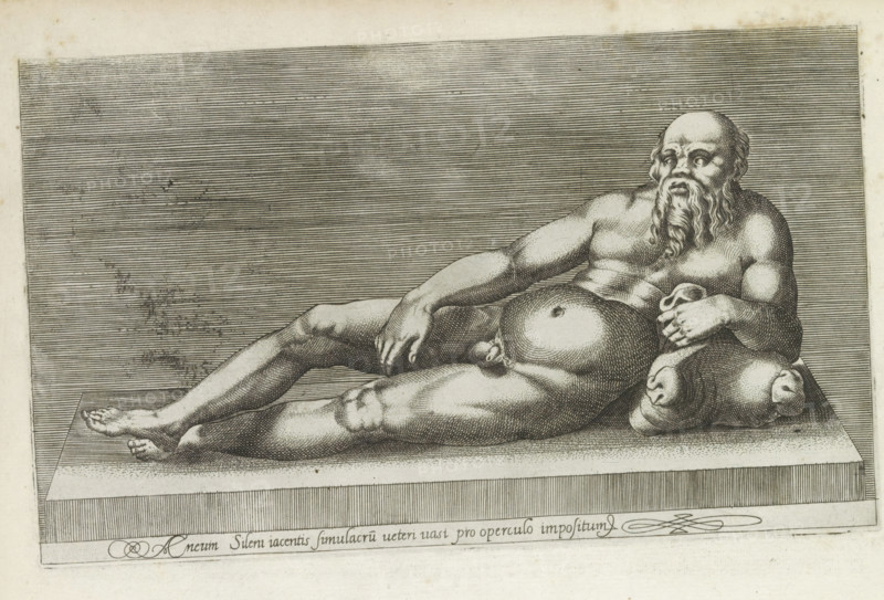 Sculpture of Silenus, Aeneam Sileni iacentis simulacrum veteri vasi pro operculo impositum, Ancient sculptures in Rome, Antiquarum statuarum urbis Romae quae in publicis locis visuntur icones, print, album page, Caption in Latin. Print is part of an album., number: '22', printmaker, publisher, Rome, Italy, paper, engraving, height 134 mm x width 222 mm, This print is part of a set of 79 prints (title print) depicting ancient sculptures in Rome., piece of sculpture, reproduction of a piece of sculpture, (story of) Silenus, A reclining male figure rendered in a detailed monochrome engraving lies on a raised rectangular platform, his muscular body shown in a relaxed pose with one arm draped along his side and the other resting on a rounded object beside him; he has a long flowing beard and a bald head, an exposed torso with a rounded abdomen, and visible hands and feet with defined toes; the background is filled with closely spaced horizontal lines, and the platform has vertical hatching ...