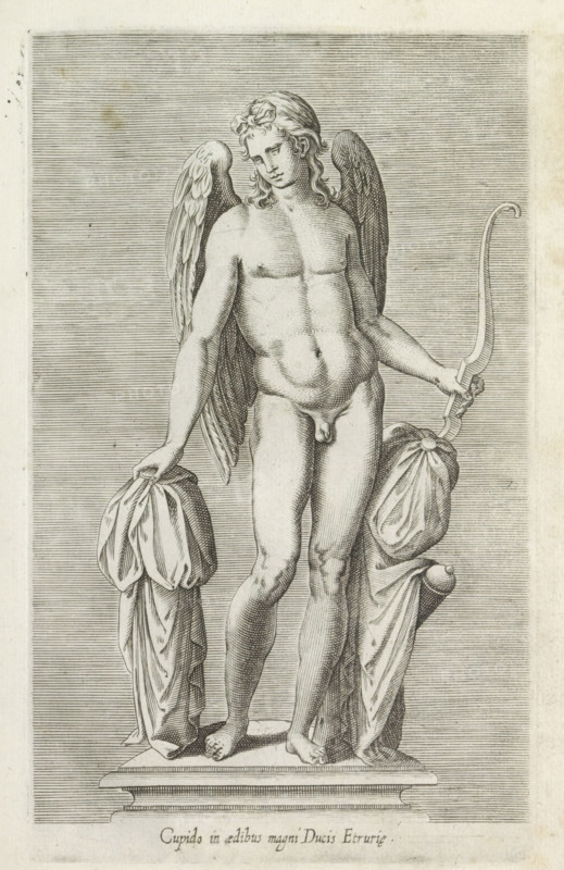Sculpture of Amor, Cupid in aedibus magni ducis Etrurie, Ancient sculptures in Rome, Antiquarum statuarum urbis Romae quae in publicis locis visuntur icones, print, album page, Caption in Latin. Print is part of an album., number: '22', printmaker, publisher, Rome, Italy, paper, engraving, height 222 mm x width 135 mm, This print is part of a set of 79 prints (title print) depicting ancient sculptures in Rome., piece of sculpture, reproduction of a piece of sculpture, (story of) Cupid, Amor (Eros), A grayscale engraved image of a nude winged figure standing on a rectangular pedestal, with long wavy hair and a downward gaze, holding draped cloths in each hand; one arm extends outward while the other grasps a curved object, and feathered wings rise behind the shoulders; finely hatched horizontal lines form the background and folds and contours of the body and cloth are rendered with detailed linework.