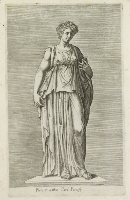 Flora in aedibus Card. Farnesij, Sculpture of Flora, Antiquarum statuarum urbis Romae quae in publicis locis visuntur icones, Ancient sculptures in Rome, print, album page, Latin caption. Print is part of an album., number: '23', printmaker, publisher, Rome, Italy, paper, engraving, height 222 mm x width 134 mm, This print is part of a set of 79 prints (title print) depicting ancient sculptures in Rome., piece of sculpture, reproduction of a piece of sculpture, (story of) Flora, A monochrome engraving of a full-length classical statue of a woman standing on a rectangular plinth, depicted wearing draped garments with flowing folds and sandals, one arm relaxed by her side and the other bent with a hand near her chest, her head adorned with a wreath of leaves and turned slightly to one side, set against a background of closely spaced horizontal lines that fill the rectangular image area.