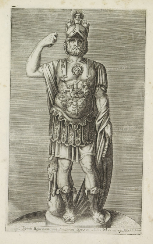 Pyrrhi regis marmoreum simulacrum Romae in aedibus Maximorum, Sculpture of Pyrrhus of Epirus as Mars, Ancient sculptures in Rome, Antiquarum statuarum urbis Romae quae in publicis locis visuntur icones, print, album page, Caption in Latin. Print is part of an album., number: '23', printmaker, publisher, Rome, Italy, paper, engraving, height 222 mm x width 134 mm, This print is part of a set of 79 prints (title print) depicting ancient sculptures in Rome. The print was made after the statue of Mars Ultor which is currently located in the Musei Capitolini (inv. Scu 58) in Rome. This statue was excavated around 1535 at the Forum Nervae and was long considered a likeness of King Pyrrhus., Person, Pyrrhus of Epirus, piece of sculpture, reproduction of a piece of sculpture, (story of) Mars (Ares), A detailed engraving of a full-length armored statue of a bearded man wearing a decorated helmet with plumes and a face framed by curly hair, one arm raised with a closed fist and the other resting...