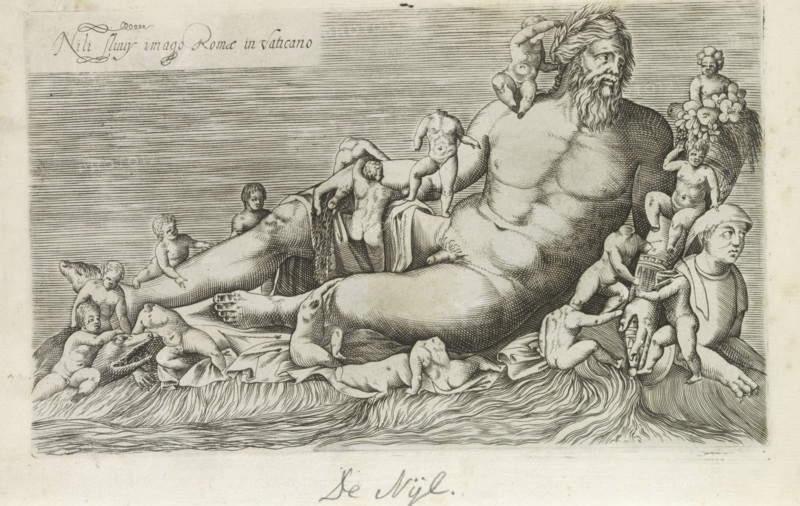 Nili fluvy imago Romae in Vaticano, Sculpture of the River Nile, Antiquarum statuarum urbis Romae quae in publicis locis visuntur icones, Ancient sculptures in Rome, print, album page, Image of the river god the Nile with attributes of a fruit horn, a sphinx, crocodiles, and little boys. Title in Latin top left. Print is part of an album., number: '24', printmaker, publisher, Rome, Italy, paper, engraving, height 134 mm x width 222 mm, After an ancient sculpture in the Vatican Museums. This print is part of a set of 79 prints (title print) depicting ancient sculptures in Rome., piece of sculpture, reproduction of a piece of sculpture, personification of river Nile, 'Nilo' (Ripa), Nile, A large reclining bearded male figure occupies the center, shown nude from the waist up with a muscular torso and draped cloth around his lower body, his head turned to one side and hair adorned with a laurel wreath. Multiple small childlike figures climb over and around the central figure, some perched ...