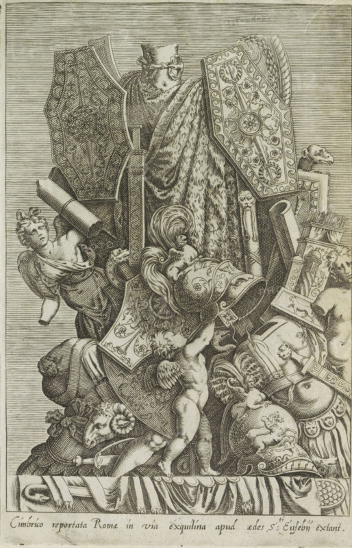 Trophy of weapons and sculptures, Cimbrico reportata Romae in via exquilina apud, Antiquarum statuarum urbis Romae quae in publicis locis visuntur icones, Ancient sculptures in Rome, print, album page, Latin caption. Print is part of an album., number: '3', printmaker: Giovanni Battista de' Cavalieri, Italy, publisher: Andrea Vaccari, Rome, 1584, Giovanni Battista de' Cavalieri, Andrea Vaccari, publisher, paper, engraving, height 224 mm x width 144 mm, This print is part of a set of 79 prints (title print) depicting ancient sculptures in Rome., piece of sculpture, reproduction of a piece of sculpture, trophy, battle, war, A densely detailed engraving shows a piled arrangement of ornamental objects and figures. At the center a large draped cloak with fur trim hangs behind decorated shields and a richly patterned helmet topped with a plume. Several putti with wings climb among the armor pieces, one holding onto the helmet, another reaching upward. Sculpted busts and carved heads, includi...