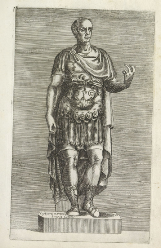 Sculpture of Emperor Julius Caesar, Antiquarum statuarum urbis Romae quae in publicis locis visuntur icones, Ancient sculptures in Rome, print, album page, Text in Latin on the base beneath the image. Print is part of an album., number: '24', printmaker, publisher, Rome, Italy, paper, engraving, height 222 mm x width 134 mm, After an ancient sculpture in the Capitoline Museums in Rome. This print is part of a set of 79 prints (title print) depicting ancient sculptures in Rome., Person, Julius Caesar, piece of sculpture, reproduction of a piece of sculpture, portrait of Caesar, A full-length engraving of a standing male figure on a rectangular plinth, shown facing forward with a turned head and a raised right hand making a loose gesture, wearing a draped cloak over a decorated breastplate and a short pleated skirt, with muscular bare legs and strapped sandals, fine engraved lines used for shading and crosshatching across the background and the figure, ornamental motifs on the cuirass an...