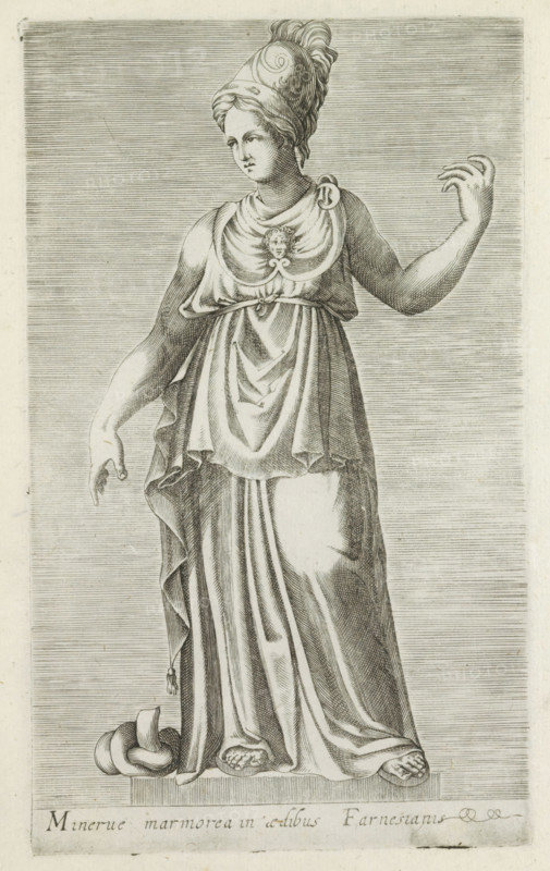 Sculpture of Minerva, Minerve marmorea in aedibus Farnesianis, Antiquarum statuarum urbis Romae quae in publicis locis visuntur icones, Ancient sculptures in Rome, print, album page, Caption in Latin. Print is part of an album., number: '26', printmaker, publisher, Rome, Italy, paper, engraving, height 222 mm x width 134 mm, This print is part of a set of 79 prints (title print) depicting ancient sculptures in Rome., piece of sculpture, reproduction of a piece of sculpture, (story of) Minerva (Pallas, Athena), A monochrome engraved image of a standing female figure wearing a long draped garment and a helmet-like headpiece, with hair visible beneath the headpiece and a serene facial expression; the garment includes layered folds and a decorative pendant at the chest showing a small face, the figure’s left arm is raised with the hand open and fingers slightly curved while the right arm hangs downward with the hand relaxed, the drapery falls to her feet which rest on a rectangular base, a...