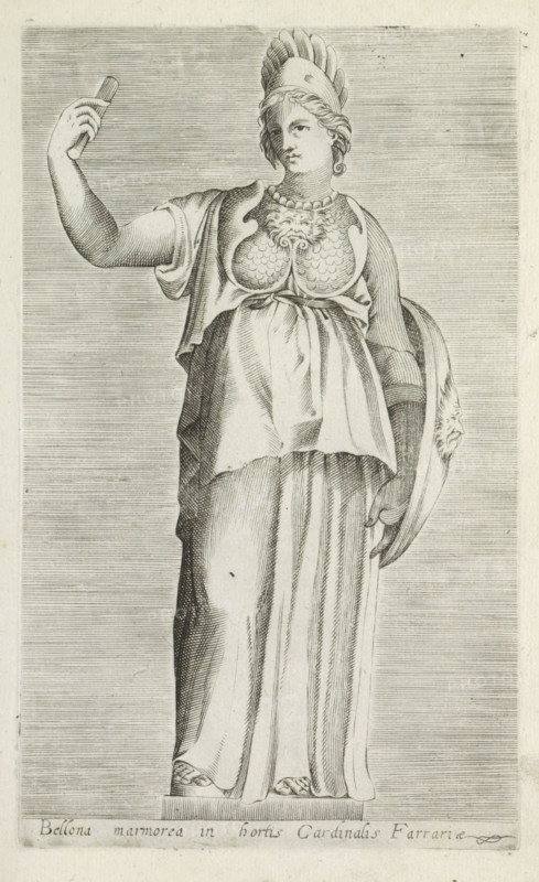 Sculpture of Bellona, Bellona marmorea in hortis cardinalis Farrariae, Ancient sculptures in Rome, Antiquarum statuarum urbis Romae quae in publicis locis visuntur icones, print, album page, Caption in Latin. Print is part of an album., number: '26', printmaker, publisher, Rome, Italy, paper, engraving, height 222 mm x width 134 mm, This print is part of a set of 79 prints (title print) depicting ancient sculptures in Rome., piece of sculpture, reproduction of a piece of sculpture, Bellona (Enyo), A grayscale engraving of a standing female figure wearing a crested helmet and draped garments, with a decorated breastplate featuring a stylized face and scale-like pattern; her left arm is raised holding a small rectangular object, her right arm rests at her side and supports a round shield with a carved face on its rim; the figure stands on a plinth with visible folds and vertical lines in the skirt, and the background is filled with closely spaced horizontal lines.
