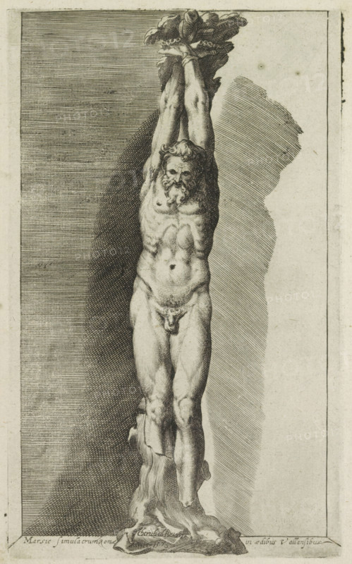 Marsia simulacrum Roma, Sculpture of Marsyas, Ancient sculptures in Rome, Antiquarum statuarum urbis Romae quae in publicis locis visuntur icones, print, album page, Caption in Latin. Print is part of an album., number: '27', printmaker, publisher, Rome, Italy, paper, engraving, height 220 mm x width 134 mm, After an ancient statue in the Musée du Louvre in Paris. This print is part of a set of 79 prints (title print) depicting ancient sculptures in Rome., piece of sculpture, reproduction of a piece of sculpture, (story of) Marsyas, A monochrome engraving of a nude male figure standing upright with arms extended above his head and hands bound to a rough vertical support, showing a bearded face with closed or downward gaze, pronounced musculature in chest and abdomen, and visible genitalia; the figure casts a shadow to one side and stands on a rocky or textured base, with hatched background shading filling the surrounding rectangular frame.