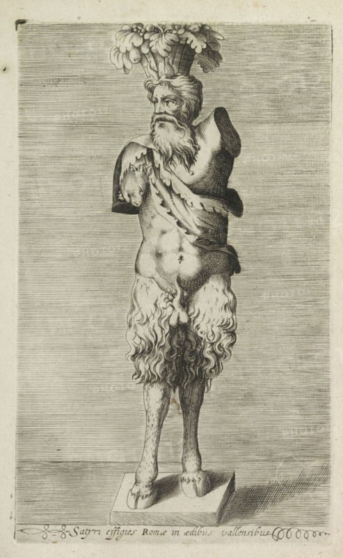 Sculpture of a satyr, Satyri effigies Romae in aedibus vallensibus, Antiquarum statuarum urbis Romae quae in publicis locis visuntur icones, Ancient sculptures in Rome, print, album page, Caption in Latin. Print is part of an album., number: '27', printmaker, publisher, Rome, Italy, paper, engraving, height 220 mm x width 134 mm, This print is part of a set of 79 prints (title print) depicting ancient sculptures in Rome., piece of sculpture, reproduction of a piece of sculpture, satyr(s) (in general), A grayscale engraving of a statue-like figure standing on a rectangular base with a humanoid upper body and animal-like lower legs and hooves, the figure having a bearded face with long hair and a leafy or floral headdress, a draped cloth across the shoulder and torso, muscular upper body with missing arms at the shoulders, a furry or shaggy texture covering the hips and upper legs, slender lower legs ending in cloven hooves, and a finely lined background creating a horizontal striped pat...