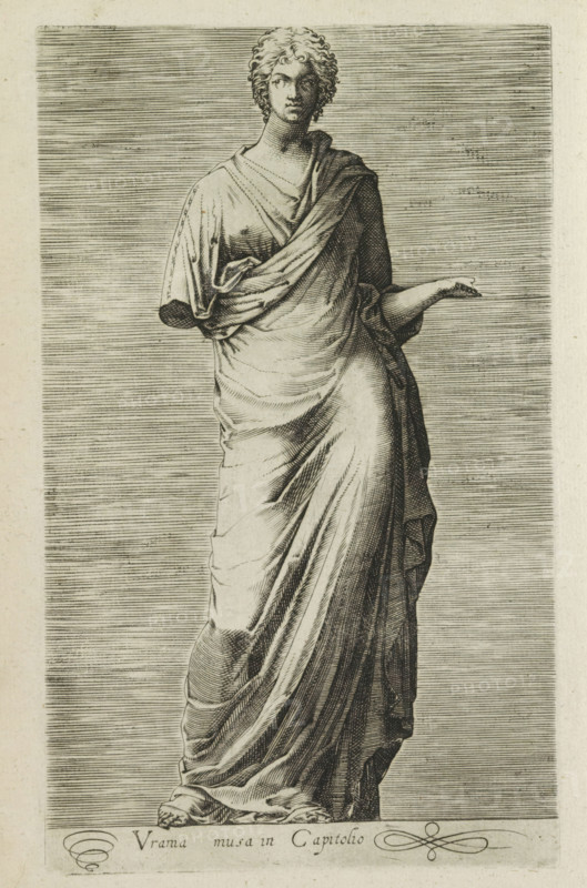 Urania musa in Capitolio, Sculpture of Urania, muse of astronomy, Antiquarum statuarum urbis Romae quae in publicis locis visuntur icones, Ancient sculptures in Rome, print, album page, Caption in Latin. Print is part of an album., number: '28', printmaker, publisher, Rome, Italy, paper, engraving, height 220 mm x width 134 mm, This print is part of a set of 79 prints (title print) depicting ancient sculptures in Rome., piece of sculpture, reproduction of a piece of sculpture, Urania (one of the Muses), 'Urania' (Ripa), A monochrome engraving of a standing classical statue draped in flowing robes with detailed folds, showing a frontal view from head to feet; the figure has curly hair, a neutral facial expression, one arm bent and partly concealed by the robe while the other arm extends outward with an open hand, and the background consists of fine horizontal lines.