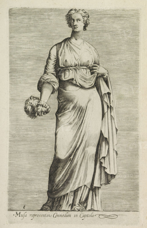 Sculpture of Thaleia, Muse of Comedy, Musa representans commediam in Capitolio, Ancient sculptures in Rome, Antiquarum statuarum urbis Romae quae in publicis locis visuntur icones, print, album page, Caption in Latin. Print is part of an album., number: '28', printmaker, publisher, Rome, Italy, paper, engraving, height 220 mm x width 134 mm, This print is part of a set of 79 prints (title print) depicting ancient sculptures in Rome., piece of sculpture, reproduction of a piece of sculpture, Thalia (one of the Muses), 'Talia' (Ripa), A monochrome engraving shows a full-length statue of a robed female figure standing on a rectangular plinth, wearing draped garments with detailed folds and a tied sash at the waist; one arm hangs down and holds a sculpted head with curly hair, while the other arm is bent with the hand resting near the chest, fingers visible; the figure has short curly hair, a serene facial expression, and bare feet visible beneath the flowing robes; the background consists...