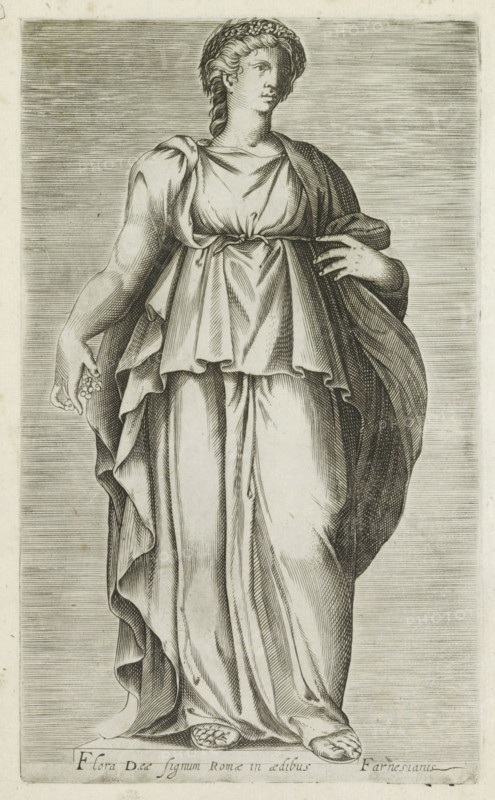Sculpture of Flora, Flora deae signum Romae in aedibus Farnesianis, Ancient sculptures in Rome, Antiquarum statuarum urbis Romae quae in publicis locis visuntur icones, print, album page, Caption in Latin. Print is part of an album., number: '29', printmaker, publisher, Rome, Italy, paper, engraving, height 225 mm x width 134 mm, This print is part of a set of 79 prints (title print) depicting ancient sculptures in Rome., piece of sculpture, reproduction of a piece of sculpture, (story of) Flora, A monochrome engraving of a standing draped female figure wearing a flowing gown and a cloak, with a braided hairstyle and a wreath on her head; one arm is bent with the hand resting near her waist while the other arm hangs down holding a small cluster of round objects; detailed linear shading defines the folds of the garments and the contours of the body, and the figure stands on a plinth with part of the base and carved decoration visible.