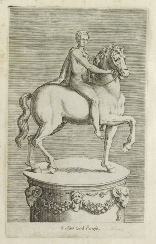 Sculpture of a naked boy on a horse, Antiquarum statuarum urbis Romae quae in publicis locis visuntur icones, Ancient sculptures in Rome, print, album page, Caption in Latin. Print is part of an album., number: '5', printmaker, publisher, Rome, Italy, paper, engraving, height 224 mm x width 144 mm, After a statue found near Rome in the sixteenth century. From 1652 the statue stood in Palazzo Farnese. Today it is in the British Museum in London. This print is part of a set of 79 prints (title print) depicting ancient sculptures in Rome., piece of sculpture, reproduction of a piece of sculpture, equestrian state-portrait, A detailed engraved image of a nude male figure seated astride a rearing horse on a round pedestal; the man faces forward with a draped cloth over one shoulder, one arm extended to hold the horse’s bridle, and curly hair framing his head, while the horse lifts one front leg, displays a long flowing mane and tail, and wears a bridle with visible straps and fittings; the ...