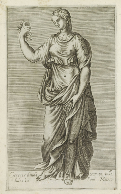 Sculpture of Ceres, Cereris simulacrum in villa Iulis iiii Pont. Max., Antiquarum statuarum urbis Romae quae in publicis locis visuntur icones, Ancient sculptures in Rome, print, album page, Caption in Latin. Print is part of an album., number: '30', printmaker, publisher, Rome, Italy, paper, engraving, height 225 mm x width 135 mm, This print is part of a set of 79 prints (title print) depicting ancient sculptures in Rome., Person, Julius III, piece of sculpture, reproduction of a piece of sculpture, (story of) Ceres (Demeter), A monochrome engraving of a draped female figure standing within a bordered panel, shown from head to feet. She has wavy hair pulled back and a serene facial expression, her head tilted slightly to one side. One arm is raised holding a small clustered object, the other hand rests near her hip holding a sheaf of grains. Her clothing consists of layered flowing robes with detailed folds and gathered sleeves fastened at the shoulders. The background behind her is ...