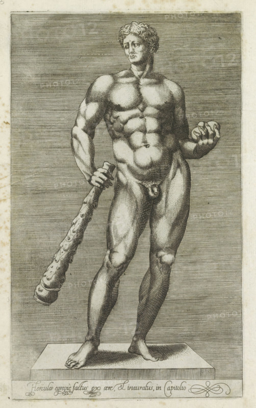 Sculpture of Hercules, Hercules egregie factus ex aere & inauratus, in Capitolo, Hercules of the Forum Boarium, Antiquarum statuarum urbis Romae quae in publicis locis visuntur icones, Ancient sculptures in Rome, print, album page, Caption in Latin. Print is part of an album., number: '31', printmaker, publisher, Rome, Italy, paper, engraving, height 225 mm x width 135 mm, After an ancient statue in the Capitoline Museums in Rome. The statue is known as the Hercules of the Forum Boarium. This print is part of a set of 79 prints (title print) depicting ancient sculptures in Rome., piece of sculpture, reproduction of a piece of sculpture, (story of) Hercules (Heracles), A grayscale engraving of a standing nude male figure on a rectangular plinth, shown from head to feet and facing slightly to the viewer's left, with curly hair and a composed facial expression; the figure displays detailed musculature across chest, abdomen, arms, and legs, and holds a club-like object in one hand while th...