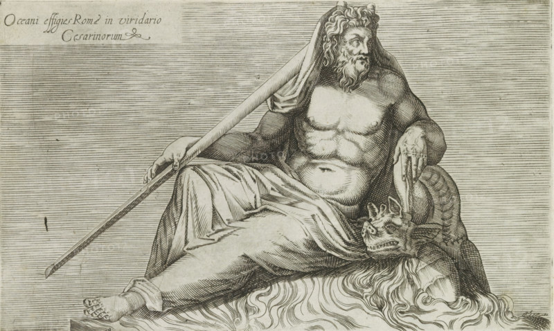 Oceani effigies Romae in viridario Cesarinorum, Sculpture of Oceanus, Ancient sculptures in Rome, Antiquarum statuarum urbis Romae quae in publicis locis visuntur icones, print, album page, Title in Latin top left. Print is part of an album., number: '32', printmaker, publisher, Rome, Italy, paper, engraving, height 134 mm x width 224 mm, This print is part of a set of 79 prints (title print) depicting ancient sculptures in Rome., piece of sculpture, reproduction of a piece of sculpture, (story of) Oceanus, A seated bearded male figure draped in cloth reclines with a cloth covering his head and a long staff resting across his lap, his torso exposed showing musculature and a relaxed posture, one hand grasping the staff and the other resting on a coiled object beside him, a grotesque animal head lies near his thigh, flowing textured lines beneath suggest stylized waves or hair, and the background is filled with closely spaced horizontal lines.