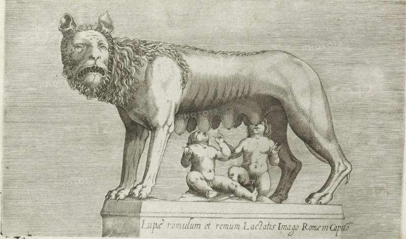 Sculpture of the Lupa Capitolina suckling the twins Romulus and Remus, Lupae Romulum et Remum lactatis image Romae in Capito, Antique sculptures in Rome, Antiquarum statuarum urbis Romae quae in publicis locis visuntur icones, print, album page, Caption in Latin. Print is part of an album., number: '32', printmaker, publisher, Rome, Italy, paper, engraving, height 134 mm x width 224 mm, After an image in the Capitoline Museums in Rome. This print is part of a set of 79 prints (title print) with representations of ancient sculptures in Rome., piece of sculpture, reproduction of a piece of sculpture, Romulus and Remus are washed ashore and suckled by a she-wolf, 'Lupa Romana', A detailed engraving shows a large animal standing on a rectangular plinth, the animal depicted with a shaggy mane around its head, pointed ears, and an open mouth with visible teeth, its body rendered with linear shading and a series of teats hanging beneath its belly; beneath the animal two naked infants sit on t...